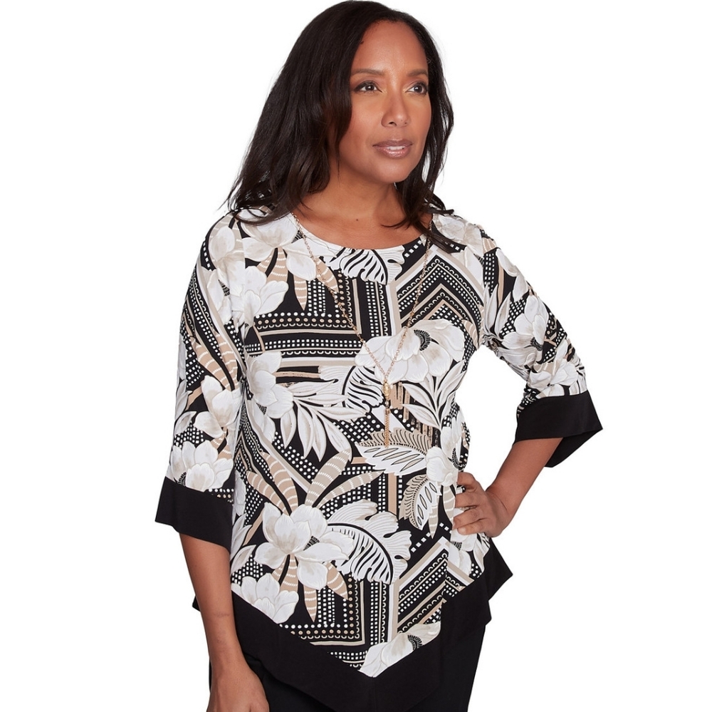 Alfred Dunner Floral Geometric Black, White  and Tan Petite Top